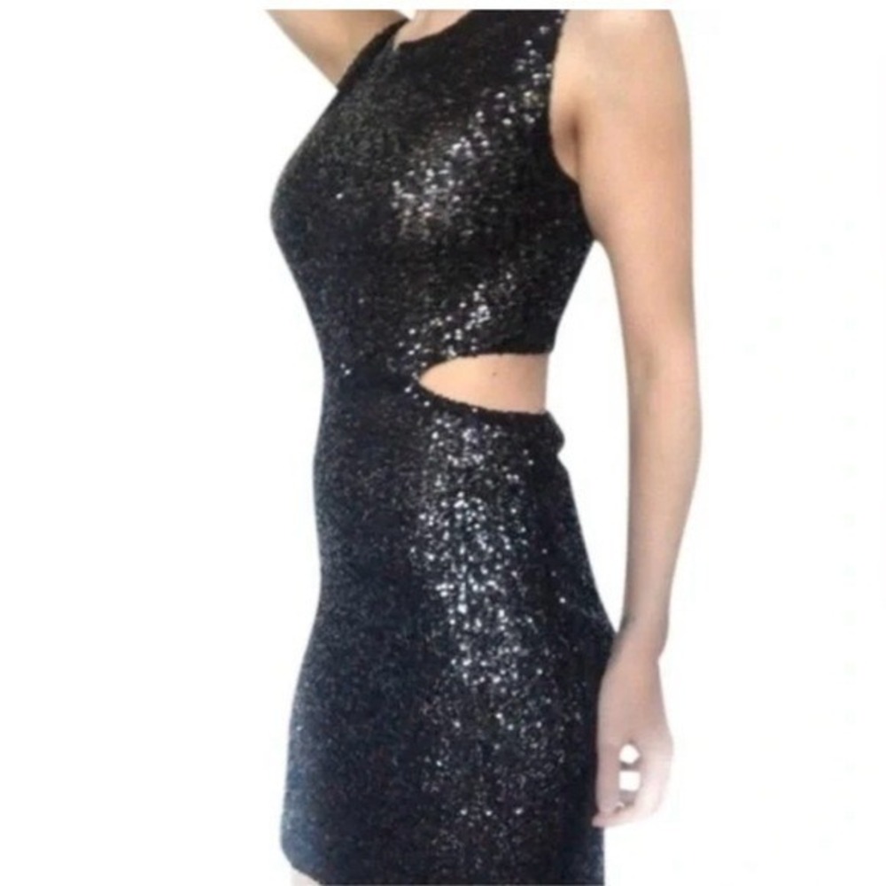 Lovers + Friends Black Sequin Cutout Midi Dress Sleeveless Bodycon Glam L NWT